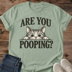 Novelty Cat Shirt Are You Pooping Peeking Cat Graphic Tee Funny Gift Idea Ring Spun Cotton Soft Breathable Fabric Relaxed Unisex Fit Bold Print Design Cat Person Apparel Casual Everyday Wear Statement Piece Great Gift
