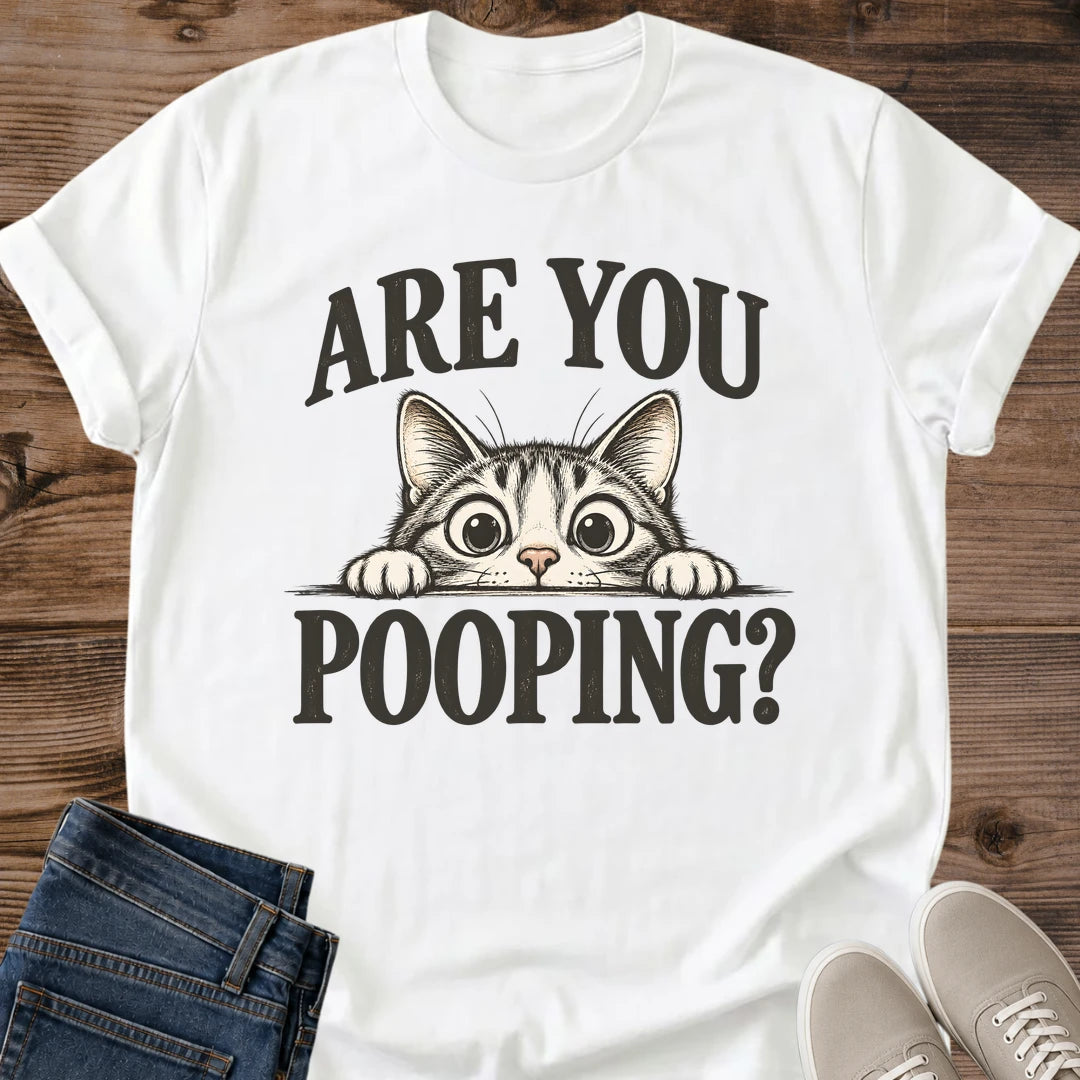 Vintage Cat Lover Tee Are You Pooping Peeking Cat Design Cotton Cat Dad Gift Shirt Funny Aesthetic Softstyle Ring Spun Fabric Relaxed Retail Fit Casual Weekend Layering Statement Piece Everyday Wear For Home