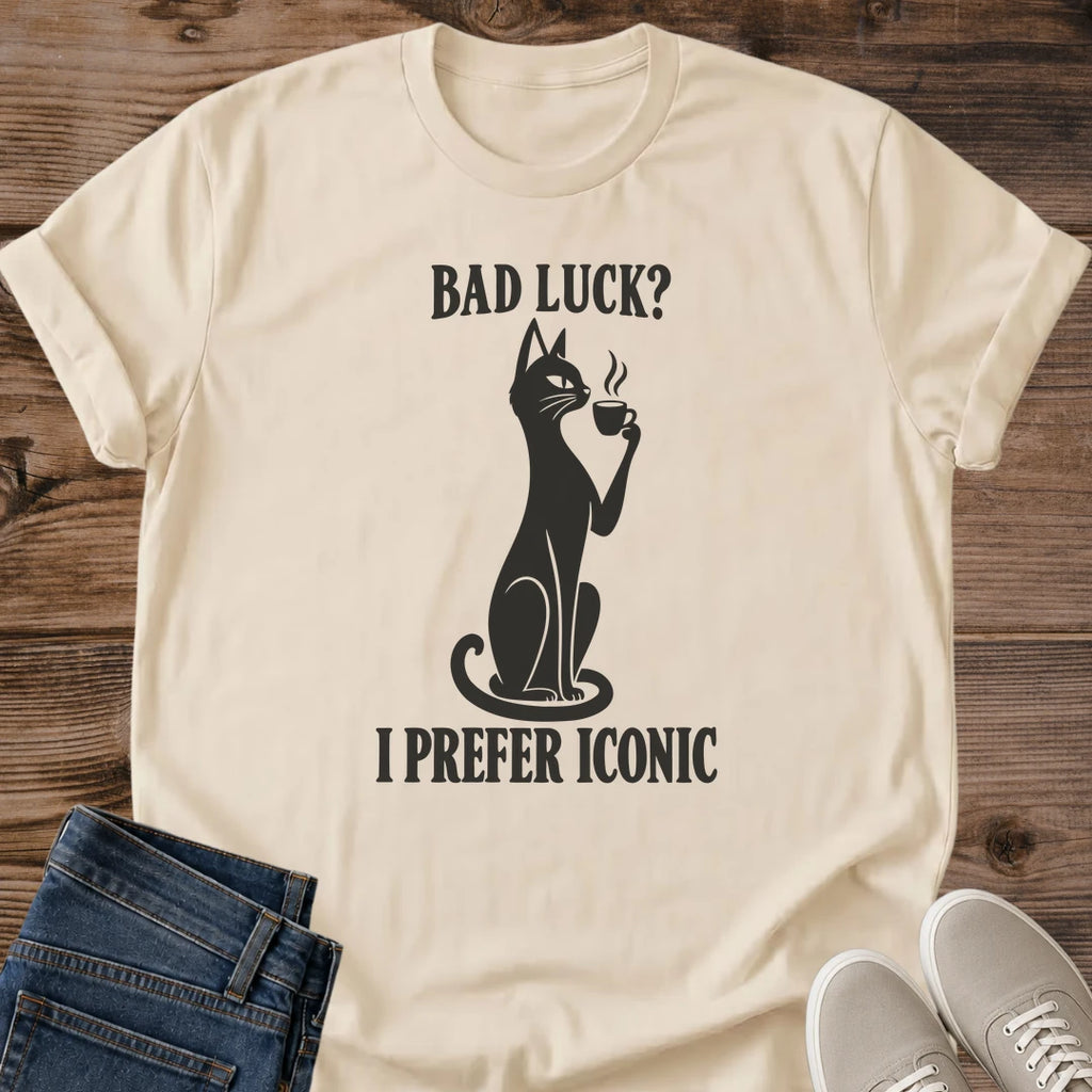 Statement Shirt Design Collection Unique Graphic Tee Print Black Cat Illustration Artwork Sarcastic Humor T-Shirt Design Coffee Lover Gift Present Soft Cotton Casual Shirt Minimalist Monochrome Print Design Comfortable Everyday Wear Tee Cat
