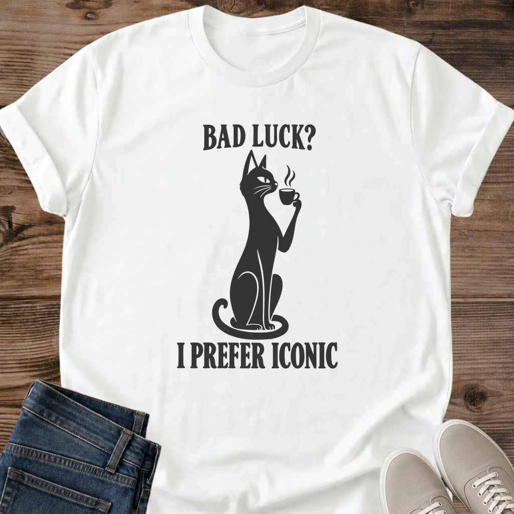 Graphic Tee Shirt Collection Black Cat Design Print Minimalist Monochrome Artwork Illustration Bold Statement Text Print Coffee Culture Reference Shirt Sarcastic Humor Graphic Tee Soft Cotton Fabric T-Shirt Casual Wear Outfit Shirt Cat