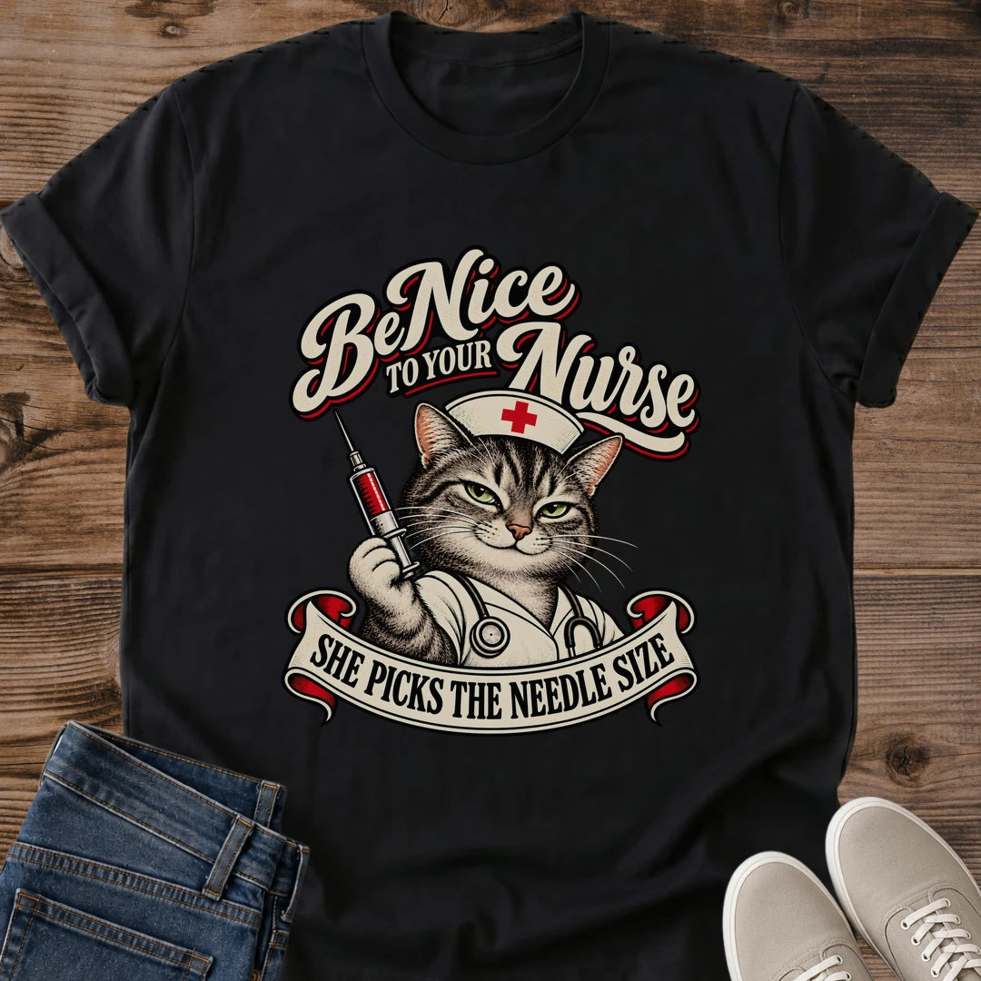 Nurse Cat Shirt Be Nice To Your Nurse Tee Sassy Cat Nurse With Stethoscope And Syringe Illustration Retro Script And Banner Lettering Funny Nursing Shirt Nurse Appreciation Gift For Her Soft Cotton Unisex Shirt Cat Whisker Co