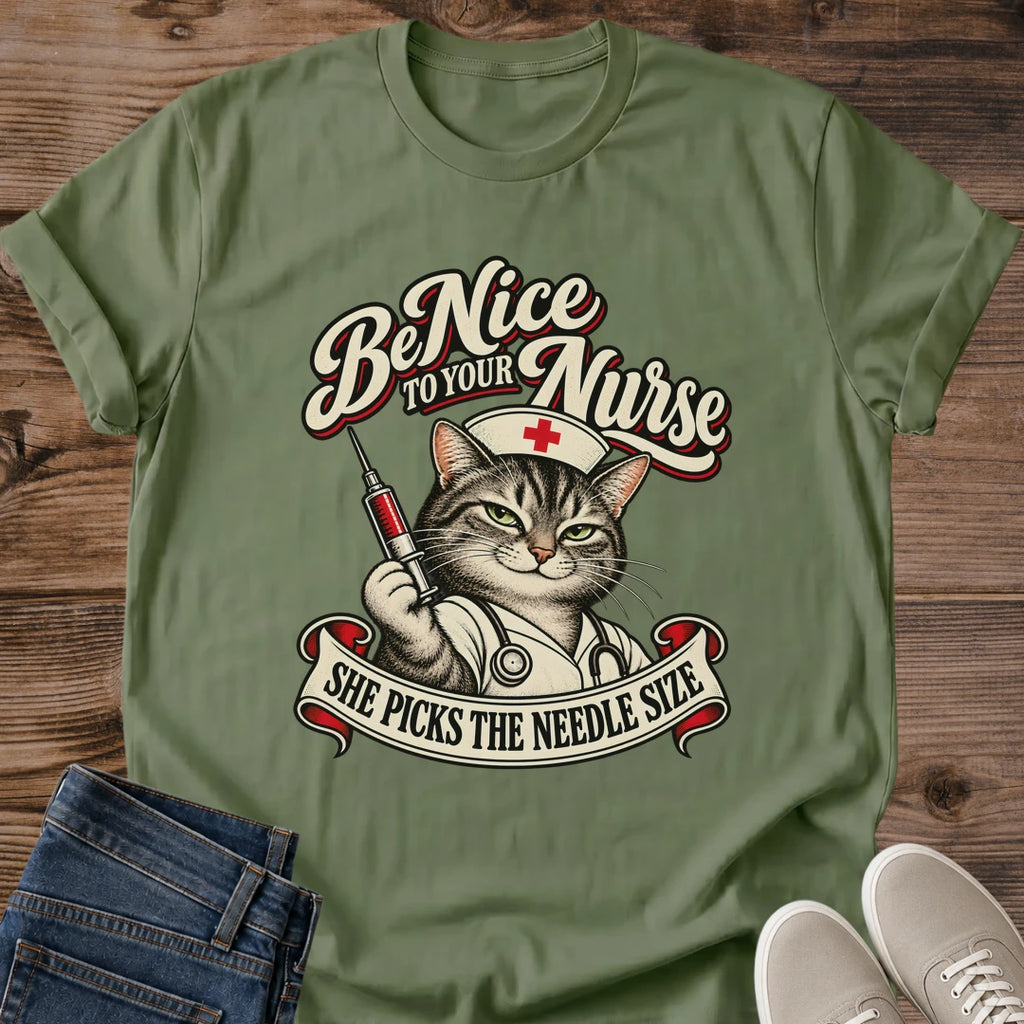 Funny Nurse Shirt She Picks The Needle Size Cat Tee Hand Drawn Smirking Cat In Scrubs With Classic Nurse Cap Graphic Cat Owner Shirt Gift For Nurses Who Love Cats ER Nurse Tee Medical Humor Shirt Unisex Ringspun Cotton Shirt Cat Whisker Co