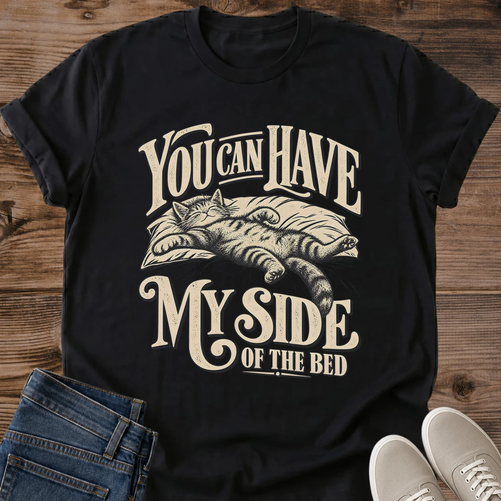 Funny Sleep Cat Shirt You Can Have My Side Of The Bed Graphic Tee Gift Idea Ring Spun Cotton Soft Breathable Fabric Relaxed Unisex Fit Vintage Print Design Cat Person Apparel Casual Everyday Wear Statement Piece Great Gift
