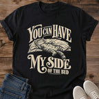 Funny Sleep Cat Shirt You Can Have My Side Of The Bed Graphic Tee Gift Idea Ring Spun Cotton Soft Breathable Fabric Relaxed Unisex Fit Vintage Print Design Cat Person Apparel Casual Everyday Wear Statement Piece Great Gift