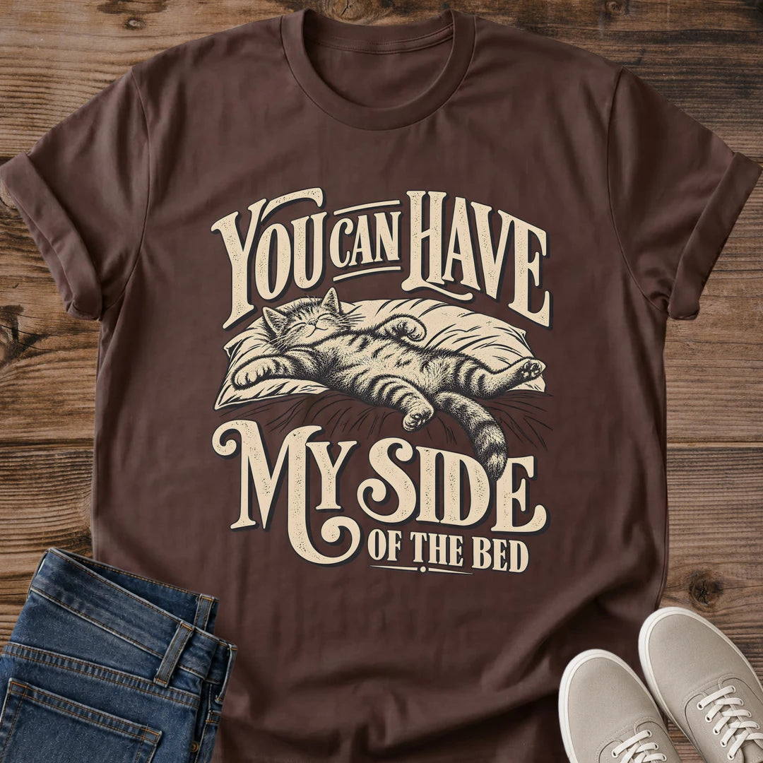 Vintage Cat Lover Tee You Can Have My Side Of The Bed Design Cotton Cat Dad Gift Shirt Funny Aesthetic Softstyle Ring Spun Fabric Relaxed Retail Fit Casual Weekend Layering Statement Piece Everyday Wear For Home And Away