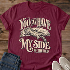Bed Hog Cat Tee You Can Have My Side Of The Bed Design Funny Cat Lover Gift For Her Softstyle Cotton Comfortable Relaxed Fit Casual Weekend Wear Vintage Print Cat Mom Statement Apparel Everyday Layering Piece For Fun