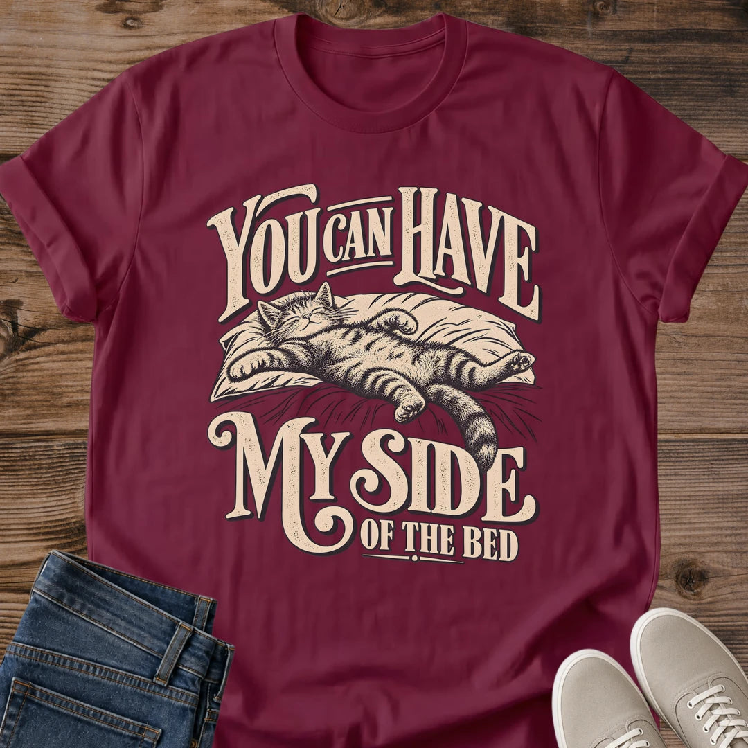 Bed Hog Cat Tee You Can Have My Side Of The Bed Design Funny Cat Lover Gift For Her Softstyle Cotton Comfortable Relaxed Fit Casual Weekend Wear Vintage Print Cat Mom Statement Apparel Everyday Layering Piece For Fun