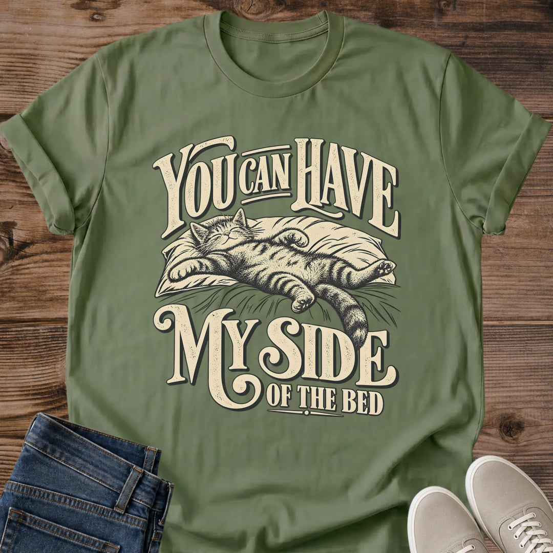 Funny Cat Graphic Tee You Can Have My Side Of The Bed Print Vintage Aesthetic Cat Owner Shirt Gift For Cat Lovers Softstyle Cotton Comfortable Relaxed Fit Statement Piece Everyday Casual Wear Apparel Gift Idea For All
