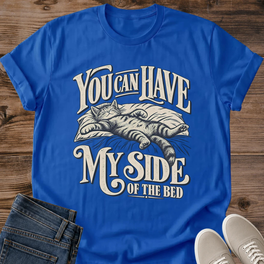 Bed Hog Cat Tee You Can Have My Side Of The Bed Design Funny Cat Lover Gift For Her Softstyle Cotton Comfortable Relaxed Fit Casual Weekend Wear Vintage Print Cat Mom Statement Apparel Everyday Layering Piece For Fun