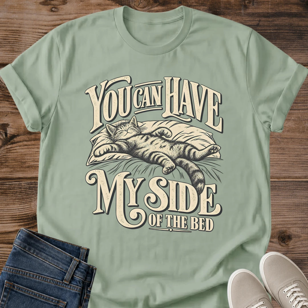 Funny Sleep Cat Shirt You Can Have My Side Of The Bed Graphic Tee Gift Idea Ring Spun Cotton Soft Breathable Fabric Relaxed Unisex Fit Vintage Print Design Cat Person Apparel Casual Everyday Wear Statement Piece Great Gift