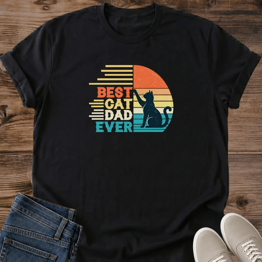 Best Cat Dad Ever Shirt Black Retro Sunset Cat Dad Tee Cat Silhouette Vintage Stripes Graphic 70s Style Cat Dad Gift Fathers Day Cat Shirt Proud Cat Dad Tee Gift For Him Cat Lover Gift Gildan 64000 Softstyle Unisex Cat Whisker Co