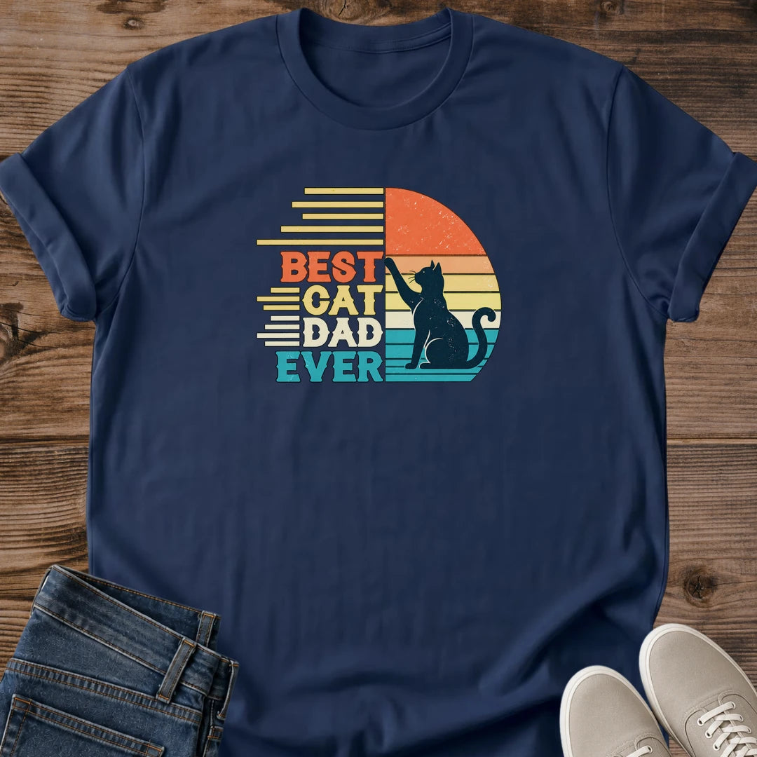 Cat Dad Shirt Best Cat Dad Ever Tee Sitting Cat Silhouette Against Orange And Teal Sunset Illustration Distressed Retro Lettering Cat Daddy Shirt Cat Owner Gift For Men Cat Dad Life Tee Soft Cotton Unisex Shirt Cat Whisker Co