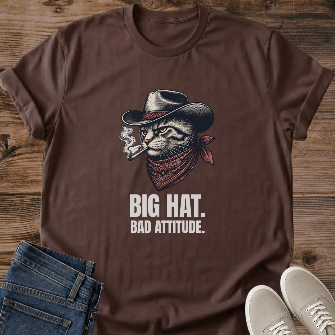 Novelty Cat Shirt Funny Western Design Cowboy Theme Graphic Tee Perfect Gift Cat Lover Apparel Comfortable Casual Wear Unisex Fit Soft Cotton Fabric Premium Quality Construction Humorous Statement Piece Birthday Present Everyday Wardrobe