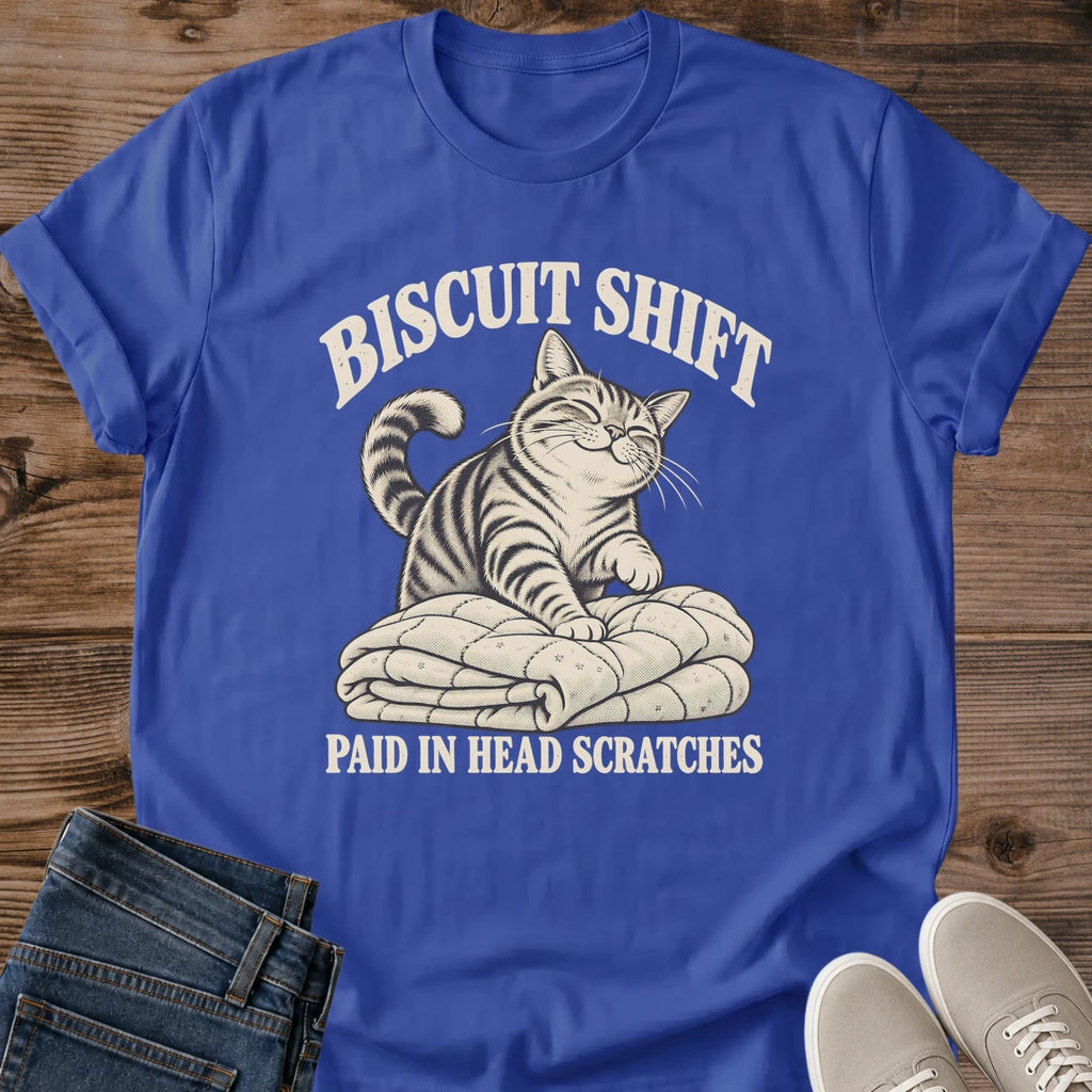Biscuit Shift Paid In Head Scratches Funny Cat Shirt Military Green Vintage Tabby Cat Kneading Blanket Graphic Tee Making Biscuits Cat Lover Gift Retro Screen Print Cat Mom Shirt Cozy Cat Humor Tee Gildan 64000 Softstyle Unisex Cat Whisker Co