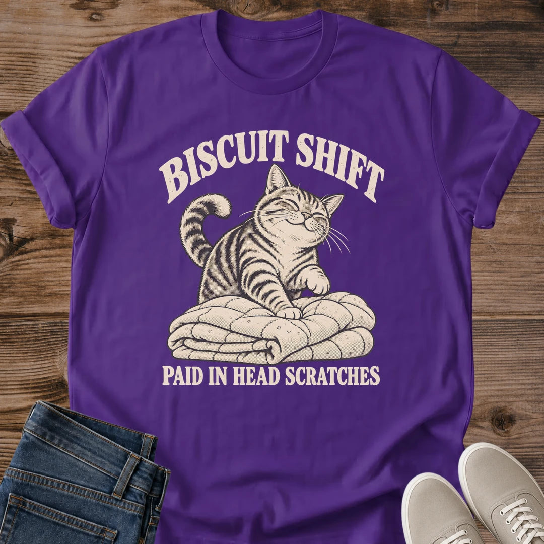 Biscuit Shift Paid In Head Scratches Funny Cat Shirt Military Green Vintage Tabby Cat Kneading Blanket Graphic Tee Making Biscuits Cat Lover Gift Retro Screen Print Cat Mom Shirt Cozy Cat Humor Tee Gildan 64000 Softstyle Unisex Cat Whisker Co
