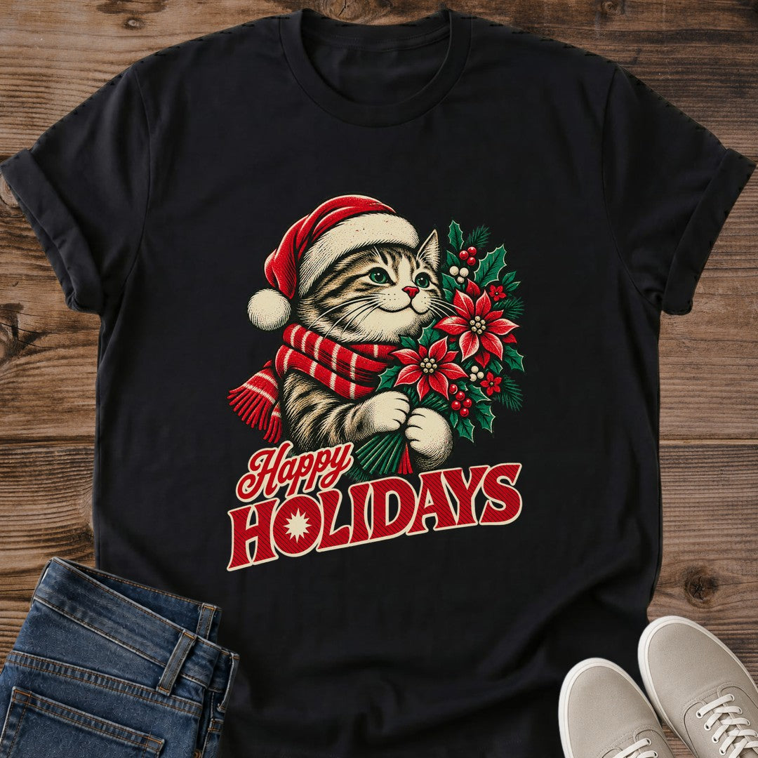 Black Happy Holidays Christmas cat graphic T-shirt, casual unisex holiday shirt
