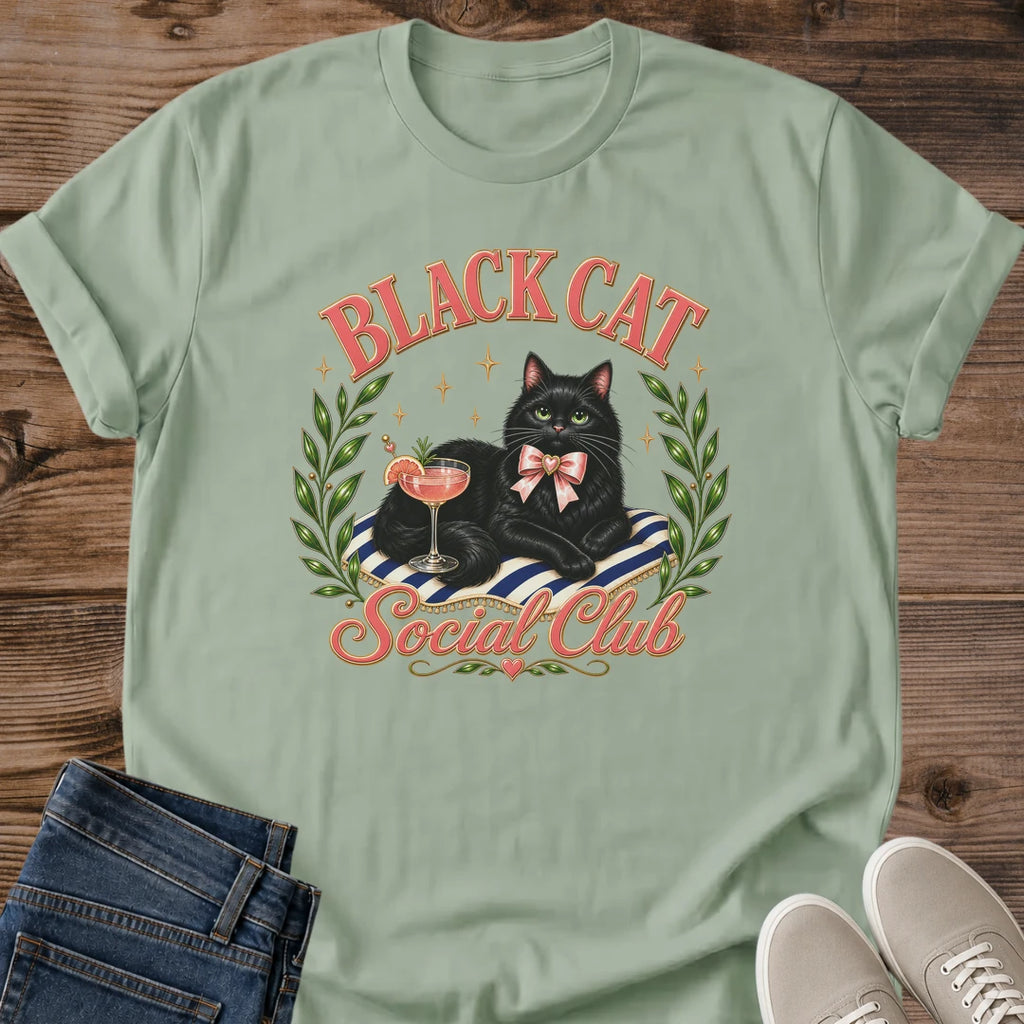 Cat Lover Gift Graphic Tee Black Cat Design Women Shirt Casual Wear Essential Luxurious Cat With Green Eyes Pink Cocktail Glass Detail Striped Cushion Pink Bow Accent Olive Wreath Frame Coquette Fashion Style Feminine Aesthetic Cute Animal