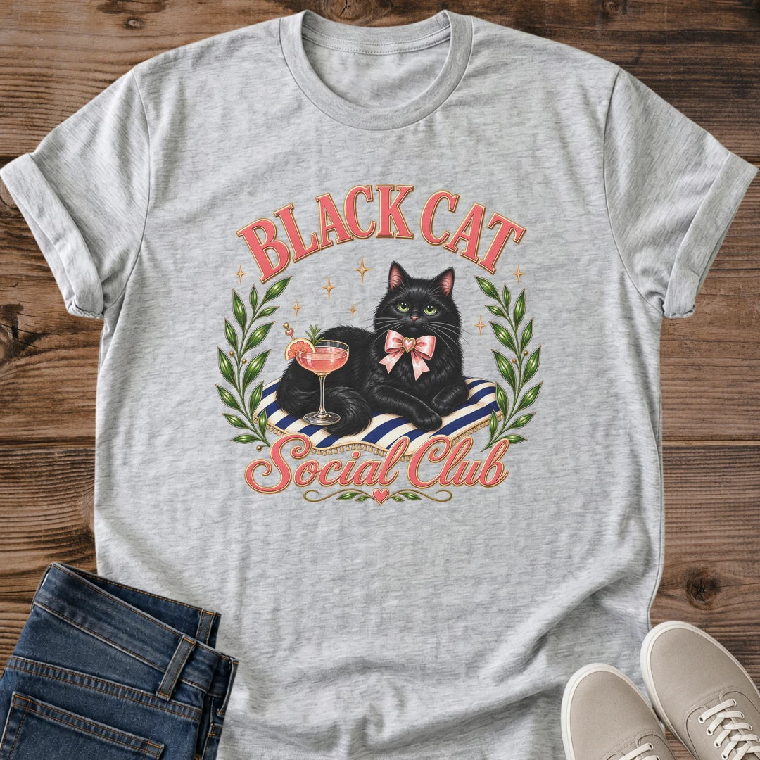 Graphic Tee Women Black Cat Shirt Design Cute Animal Themed Clothing Luxurious Cat With Green Eyes Pink Cocktail Glass Striped Cushion Detail Pink Bow Accent Olive Wreath Frame Coquette Fashion Style Perfect Cat Lover Gift Casual Wear