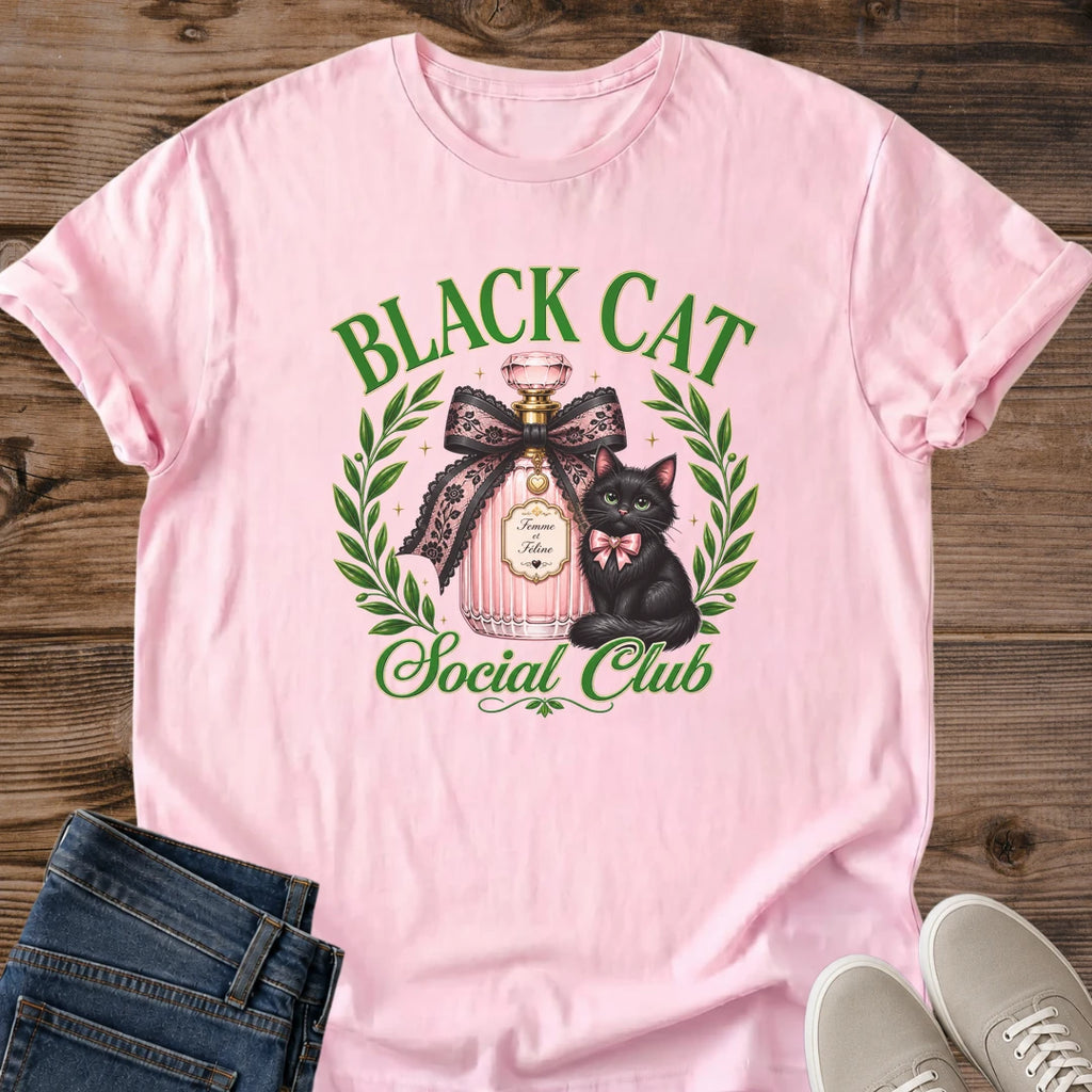 Coquette Style Cat Shirt Aesthetic Graphic Tee Black Cat Design With Pink Perfume Bottle Green Eyes Detail Feminine Fashion Statement Cat Lover Gift Idea Laurel Wreath Art Soft Girl Aesthetic Casual Wear Essential Unique Design Elements