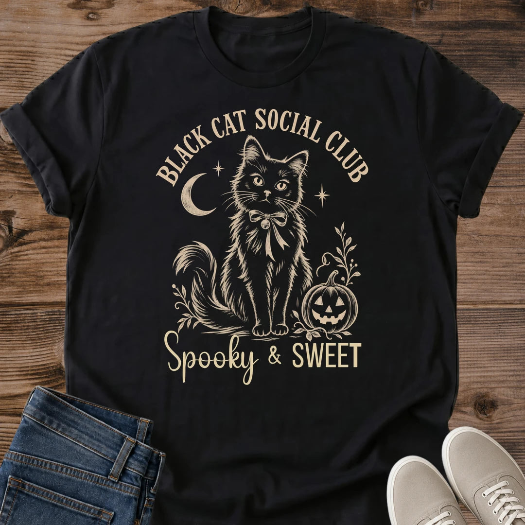 Witchy Cat Shirt Vintage Halloween Graphic Tee Black Feline Moonlight Design Autumn Fashion Essential Soft Comfortable Cotton Fabric Whimsical Spooky Print Perfect Casual Wear Gift For Cat Enthusiasts Cozy Everyday Style Lightweight Tee