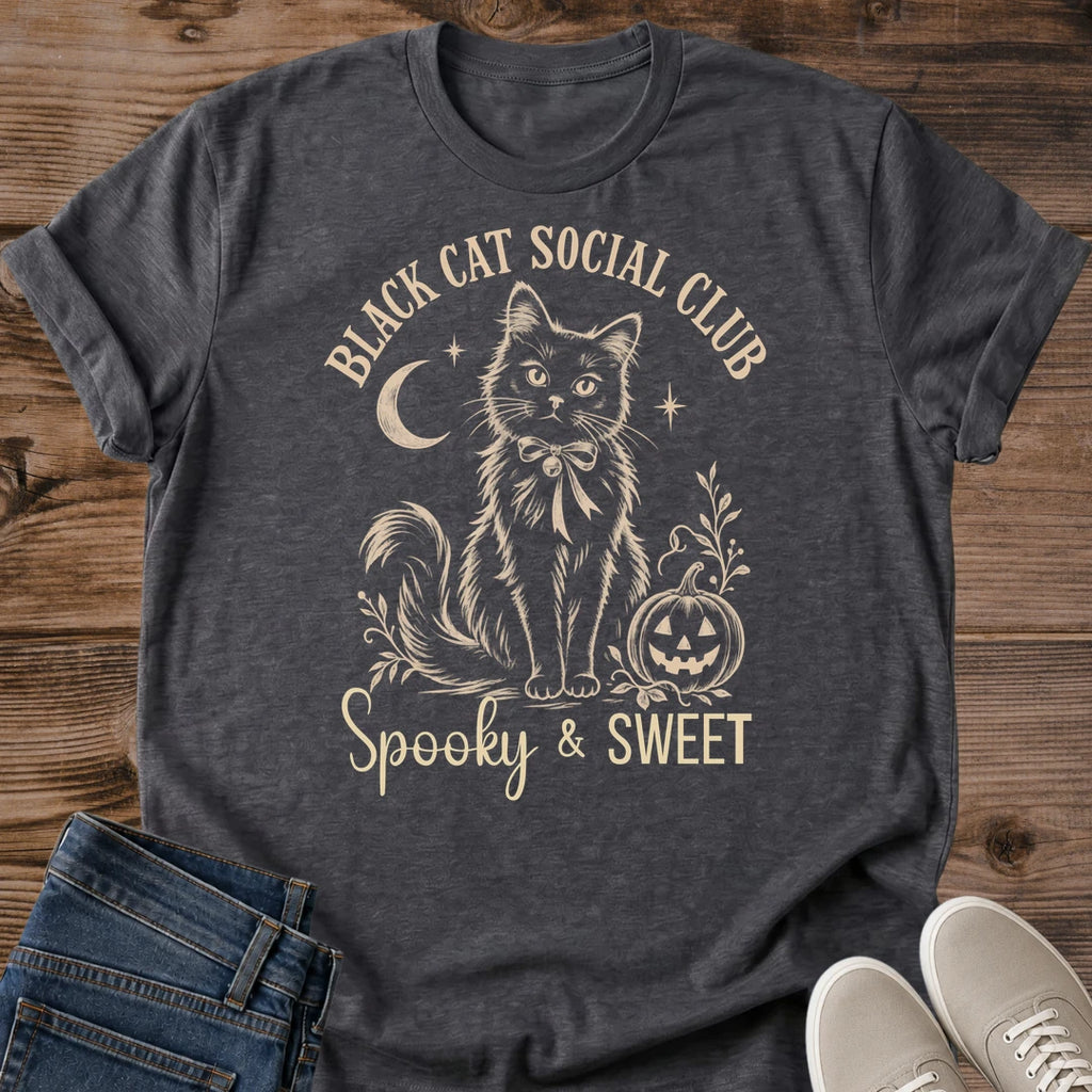 Black Cat Halloween Shirt Vintage Graphic Tee Spooky Moonlight Design Perfect Autumn Fashion Gift Soft Cotton Fabric Comfortable Everyday Wear Whimsical Feline Print Cat Lover Present Seasonal Party Outfit Cozy Casual Style Detailed Foliage