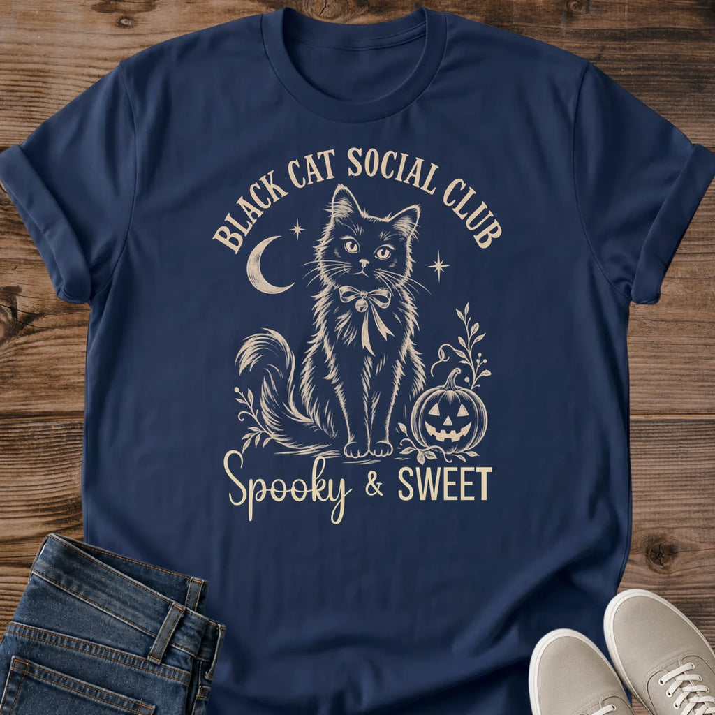 Vintage Cat Lover Shirt Black Feline Moonlight Graphic Tee Halloween Themed Design Soft Ring Spun Cotton Fabric Comfortable Casual Wear Whimsical Print Details Autumn Fashion Essential Perfect Gift Idea Cozy Everyday Style Lightweight