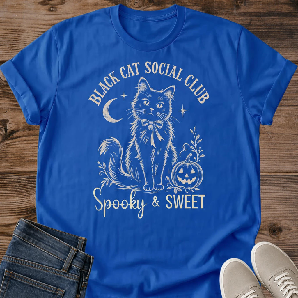 Soft Cotton Halloween Tee Black Cat Moonlight Print Vintage Graphic Design Comfortable Everyday Shirt Lightweight Ring Spun Fabric Whimsical Feline Silhouette Autumn Casual Wear Perfect Cat Lover Gift Cozy Style Essential Spooky Cute