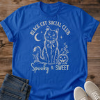 Soft Cotton Halloween Tee Black Cat Moonlight Print Vintage Graphic Design Comfortable Everyday Shirt Lightweight Ring Spun Fabric Whimsical Feline Silhouette Autumn Casual Wear Perfect Cat Lover Gift Cozy Style Essential Spooky Cute