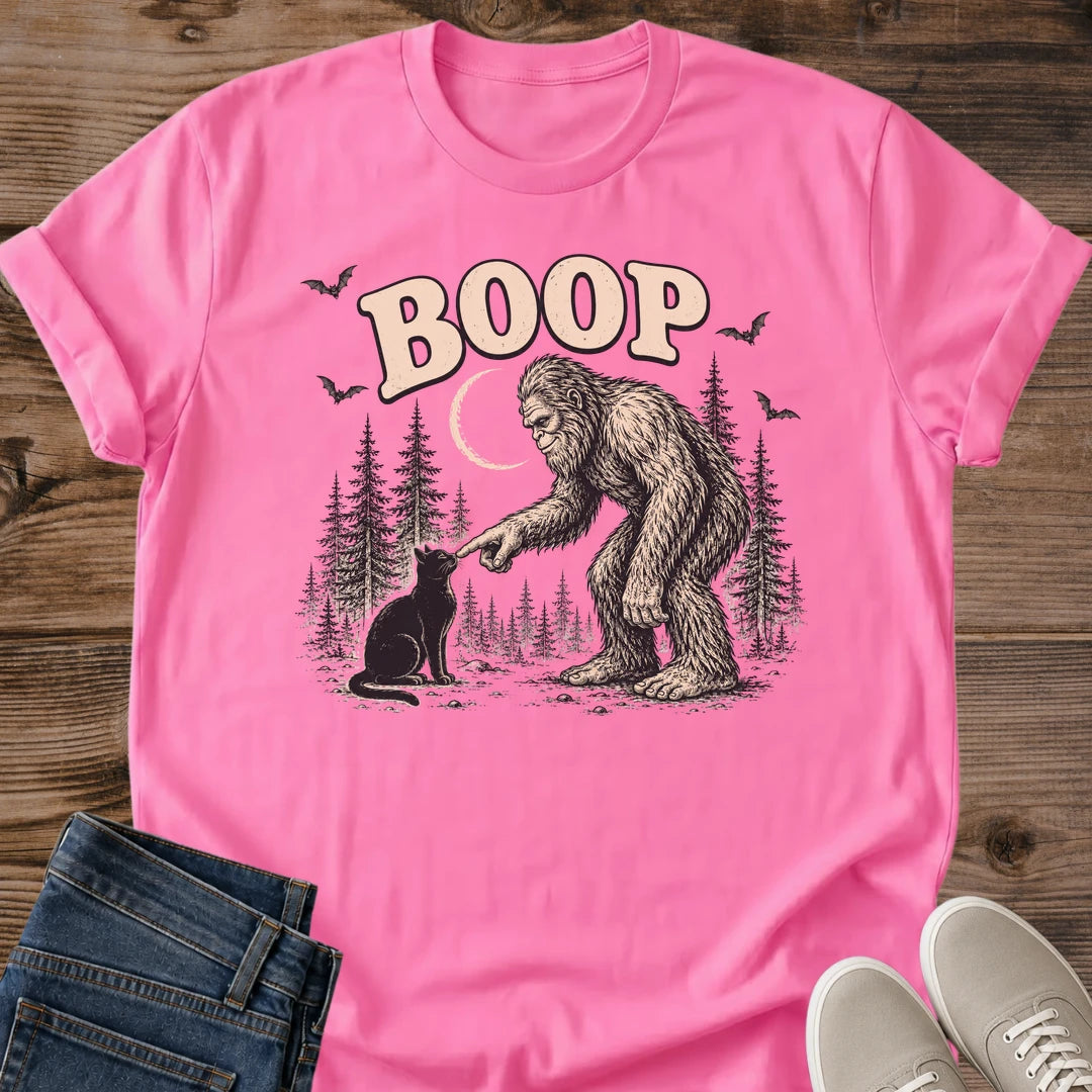 Cat Lover Gift Shirt Boop Sasquatch Graphic Tee Bigfoot Booping Black Cat Vintage Campfire Illustration Comfortable Softstyle Cotton Casual Everyday Wear Bigfoot And Cat Graphic Tee