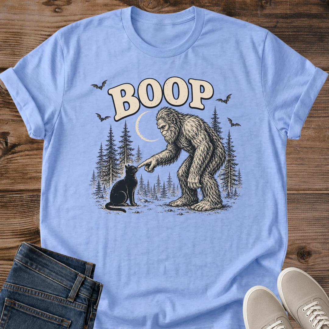 Outdoor Cat Shirt Boop Bigfoot Black Cat Graphic Tee Sasquatch Forest Illustration Pine Trees Bats Design Softstyle Ring Spun Cotton Relaxed Fit Casual Hiking Wear Cat Lover Sasquatch Tee