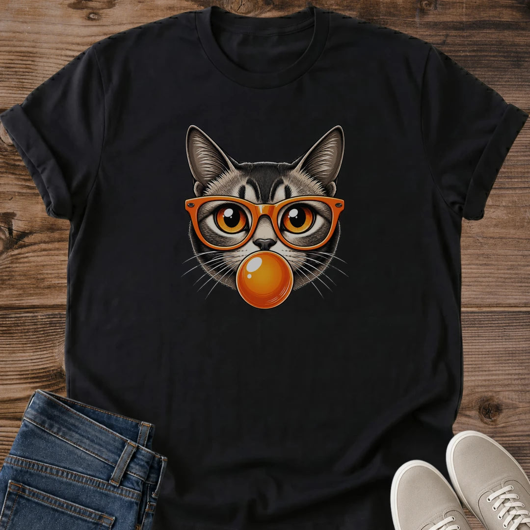 Cat Lover Gift Shirt Funny Graphic Tee Design Retro Style Tabby Cat Wearing Orange Glasses Bubble Gum Theme Vintage Fashion Apparel Novelty Statement Shirt Casual Wear Bold Animal Design Comfortable Cotton Clothing Perfect Present Birthday