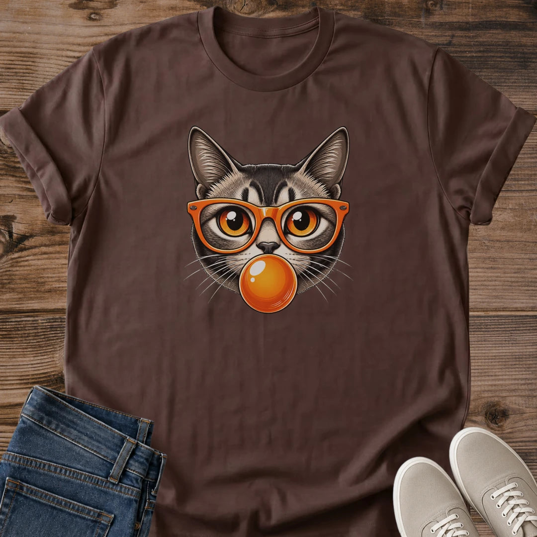 Vintage Cat Shirt Design Retro Graphic Tee Style Funny Tabby Cat Wearing Orange Glasses Blowing Bubble Gum Novelty Fashion Apparel Statement Shirt Casual Wear Gift For Cat Lover Animal Theme Clothing Bold Print Design Comfortable Cotton