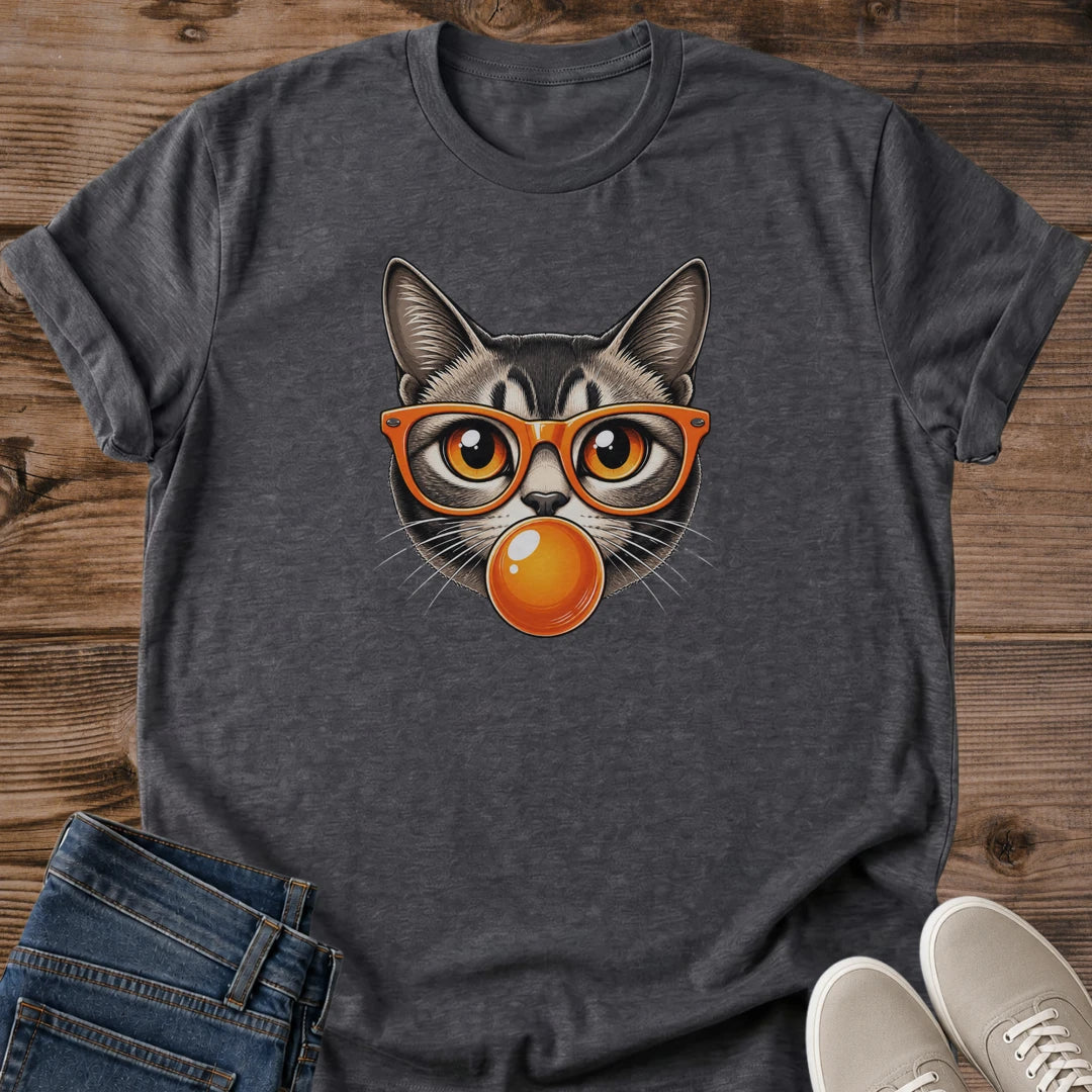 Funny Cat Shirt Retro Graphic Tee Design Tabby Cat Wearing Orange Glasses Blowing Bubble Gum Novelty Apparel Gift For Cat Lover Animal Theme Clothing Vintage Style Fashion Statement Casual Wear Perfect Birthday Present Unique Graphic Design