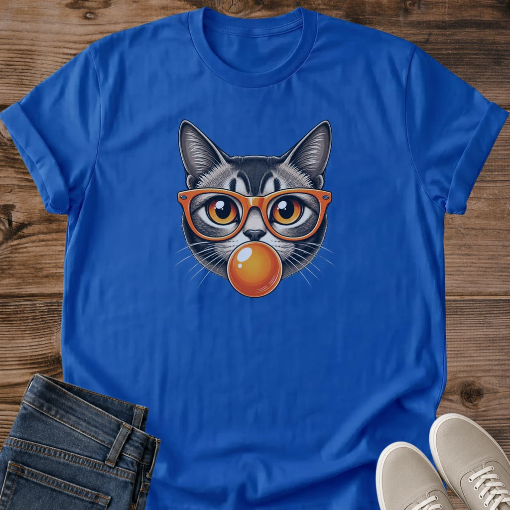 Retro Cat Graphic Tee Vintage Design Style Tabby Cat Wearing Orange Glasses Bubble Gum Theme Shirt Novelty Fashion Apparel Funny Animal Lover Gift Casual Wear Statement Piece Bold Graphic Print Comfortable Cotton Clothing Perfect Present