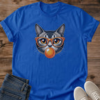 Retro Cat Graphic Tee Vintage Design Style Tabby Cat Wearing Orange Glasses Bubble Gum Theme Shirt Novelty Fashion Apparel Funny Animal Lover Gift Casual Wear Statement Piece Bold Graphic Print Comfortable Cotton Clothing Perfect Present