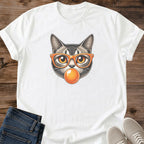 Graphic Tee Shirt Funny Cat Design Retro Vintage Style Tabby Cat Wearing Orange Glasses Blowing Bubble Gum Novelty Apparel Animal Lover Gift Statement Fashion Casual Wear Bold Print Design Comfortable Cotton Shirt Perfect Birthday Present