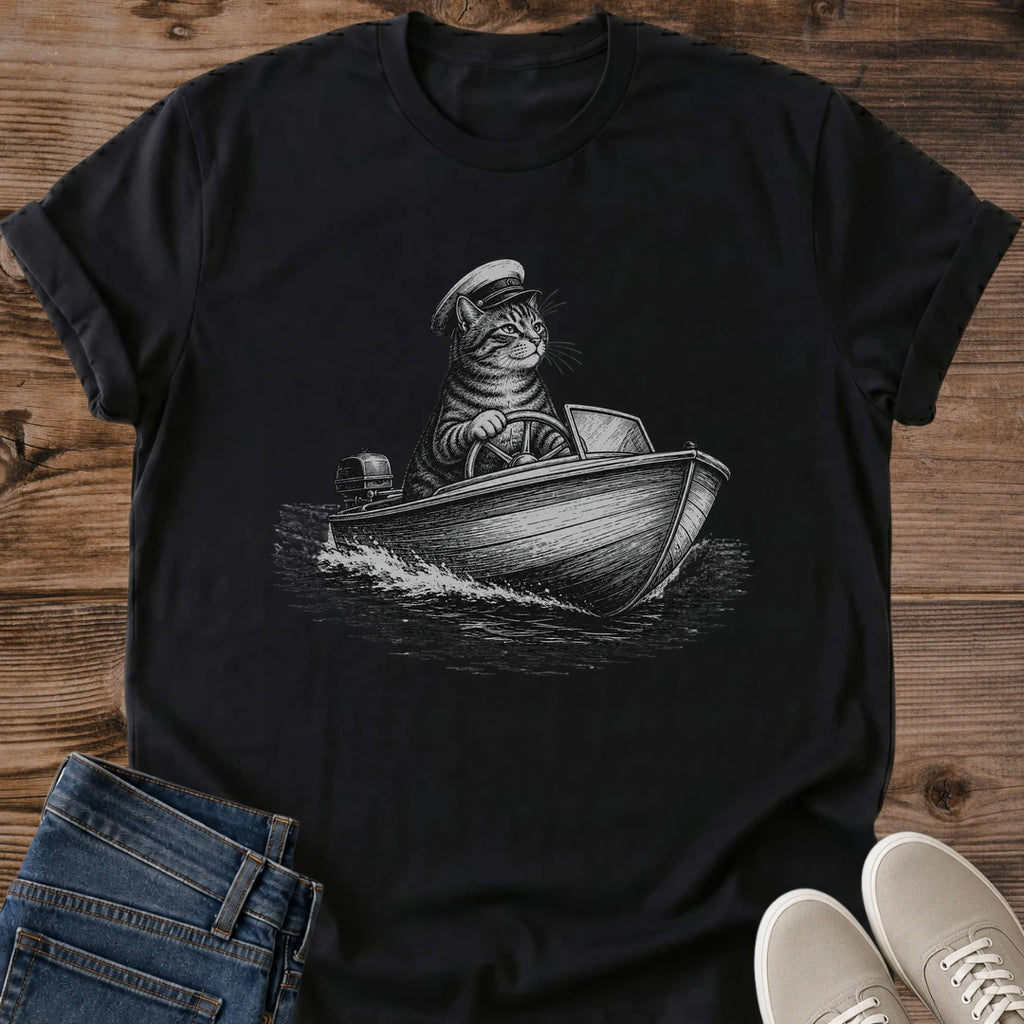 Unique Cat Illustration Hand Inked Nautical Design Monochrome Helmsman Sailor Graphic Tee Ring Spun Cotton Crew Neck Lightweight Comfortable Shirt Everyday Casual Wear Perfect Cat Lover Gift Maritime Theme Whimsical Artistic Style Soft