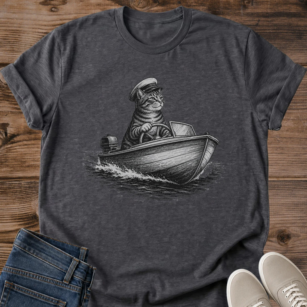 Casual Cat Tee Everyday Comfortable Wear Nautical Sailor Design Hand Inked Monochrome Illustration Ring Spun Cotton Crew Neck Lightweight Breathable Shirt Cat Lover Gift Maritime Enthusiast Apparel Whimsical Helmsman Graphic Soft Relaxed