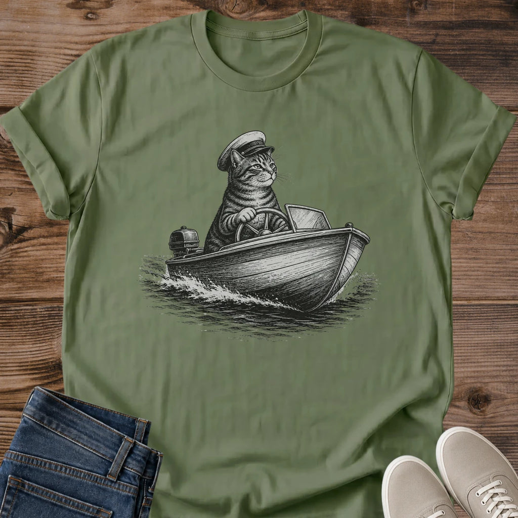 Unique Cat Illustration Hand Inked Nautical Design Monochrome Helmsman Sailor Graphic Tee Ring Spun Cotton Crew Neck Lightweight Comfortable Shirt Everyday Casual Wear Perfect Cat Lover Gift Maritime Theme Whimsical Artistic Style Soft