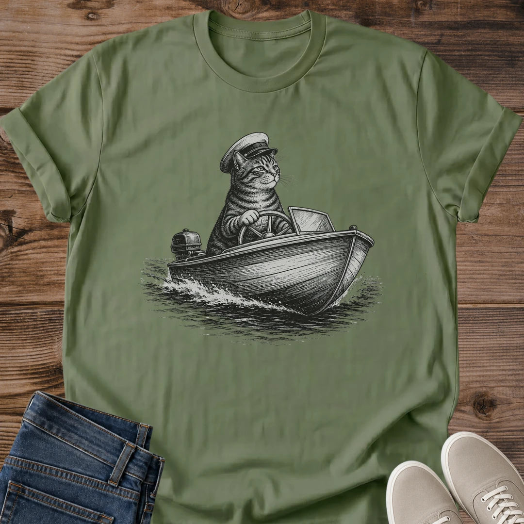 Unique Cat Illustration Hand Inked Nautical Design Monochrome Helmsman Sailor Graphic Tee Ring Spun Cotton Crew Neck Lightweight Comfortable Shirt Everyday Casual Wear Perfect Cat Lover Gift Maritime Theme Whimsical Artistic Style Soft