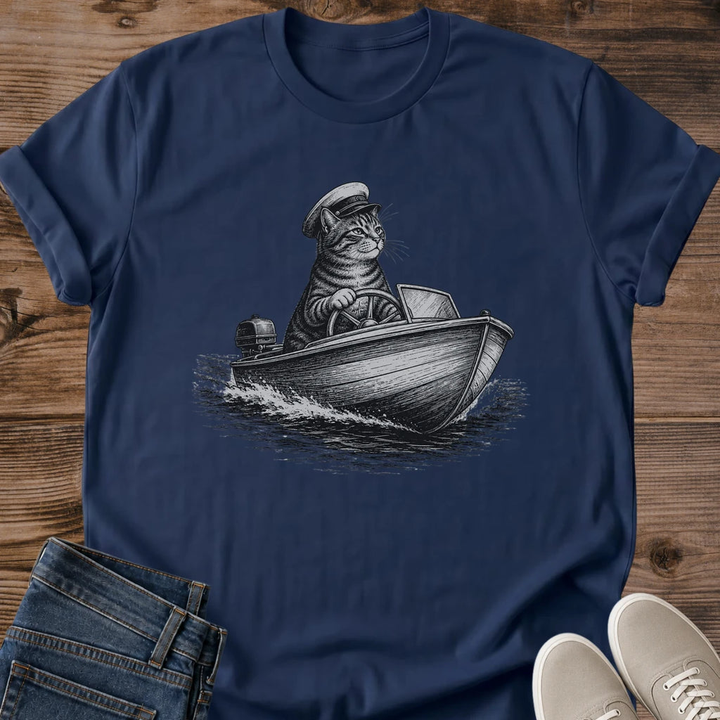 Artistic Cat Shirt Hand Inked Illustration Nautical Design Monochrome Helmsman Graphic Ring Spun Cotton Tee Lightweight Crew Neck Comfortable Everyday Wear Cat Lover Apparel Maritime Theme Perfect Gift Whimsical Sailor Design Soft