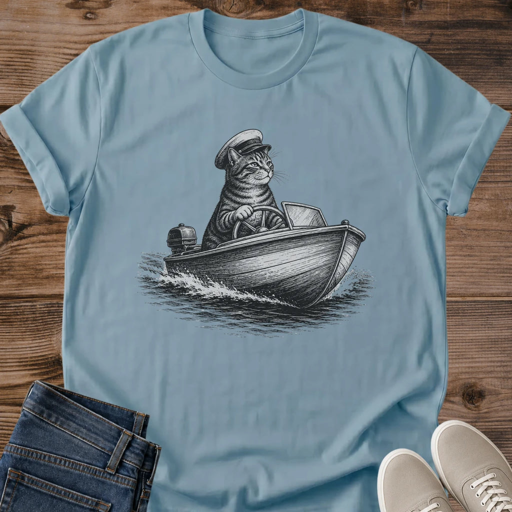 Cat Lover Gift Nautical Graphic Tee Sailor Cat Design Hand Inked Illustration Monochrome Helmsman Print Ring Spun Cotton Crew Neck Lightweight Breathable Shirt Casual Everyday Wear Perfect Maritime Enthusiast Present Whimsical Artistic