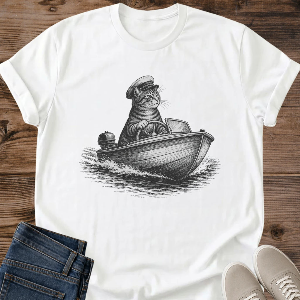Casual Cat Tee Everyday Comfortable Wear Nautical Sailor Design Hand Inked Monochrome Illustration Ring Spun Cotton Crew Neck Lightweight Breathable Shirt Cat Lover Gift Maritime Enthusiast Apparel Whimsical Helmsman Graphic Soft Relaxed