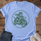Motorcycle Biker Shirt Cat Graphic Design Vintage Rider Apparel Retro Style Tee Casual Wear Gift Road Trip Theme Shirt Soft Breathable Fabric Comfortable Everyday Tee Relaxed Crew Neck Design Faded Vintage Print Hand Drawn Cat Artwork
