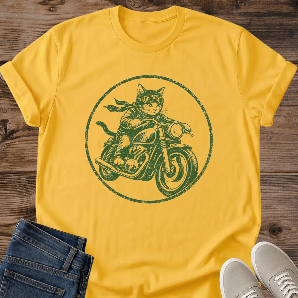 Vintage Retro Cat Tee Motorcycle Graphic Design Shirt Faded Green Sketch Print Casual Biker Style Apparel Soft Lived In Comfort Relaxed Crew Neck Shirt Nostalgic Road Trip Design Hand Drawn Artwork Breathable Lightweight Fabric Everyday