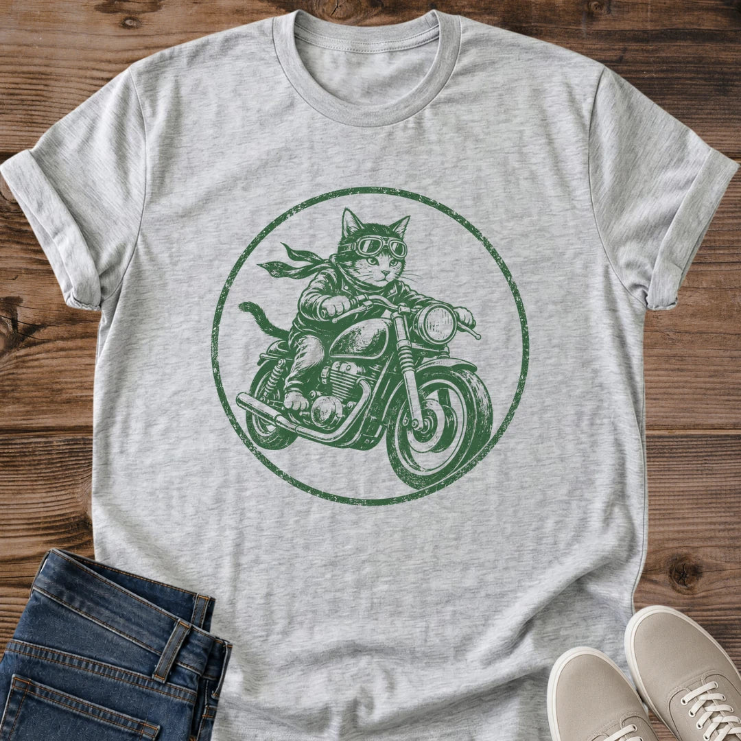 Soft Comfortable Cat Shirt Motorcycle Graphic Design Breathable Lightweight Fabric Relaxed Fit Tee Vintage Retro Style Print Casual Everyday Wear Shirt Crew Neck Design Lived In Comfort Feel Faded Green Artwork Cat Lover Apparel Biker Theme