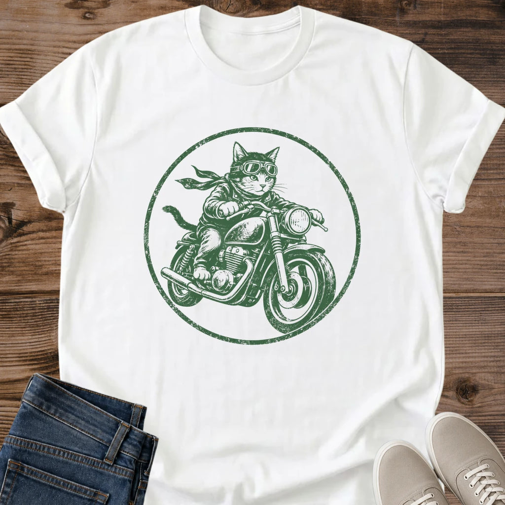 Cat Lover Gift Shirt Motorcycle Graphic Tee Vintage Design Apparel Soft Comfortable Fabric Retro Biker Style Shirt Casual Everyday Wear Tee Unique Novelty Design Print Relaxed Fit Crew Neck Breathable Lightweight Material Faded Green