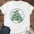 Cat Lover Gift Shirt Motorcycle Graphic Tee Vintage Design Apparel Soft Comfortable Fabric Retro Biker Style Shirt Casual Everyday Wear Tee Unique Novelty Design Print Relaxed Fit Crew Neck Breathable Lightweight Material Faded Green