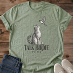 Vintage Cat Graphic Tee Illustrated Tabby Bird Design Soft Cotton Shirt Artistic Animal Print Style Delicate Graphite Illustration Detail Lightweight Breathable Fabric Comfortable Everyday Casual Wear Cat Lover Gift Perfect Present Animal