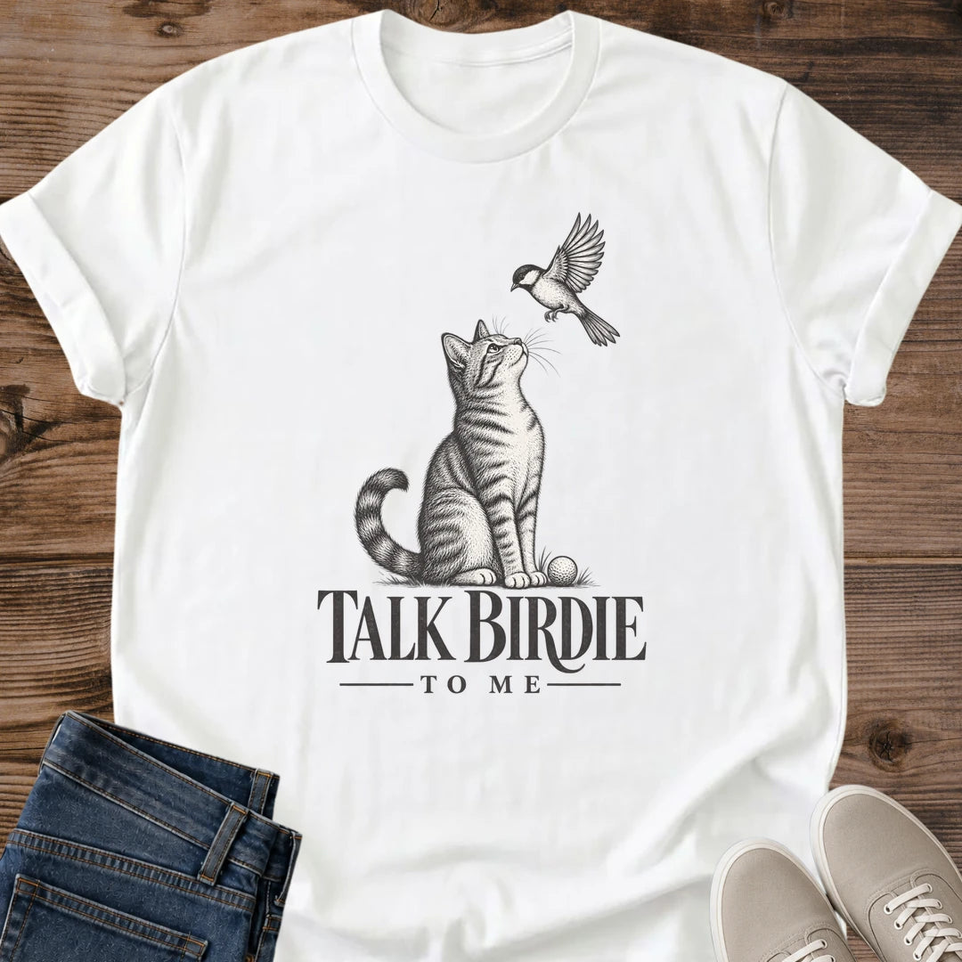 Artistic Cat Tshirt Vintage Tabby Bird Illustration Graphic Design Tee Soft Ring Spun Cotton Material Lightweight Crew Neck Shirt Animal Art Print Style Delicate Graphite Drawing Detail Comfortable Casual Wear Everyday Fashion Essential Cat